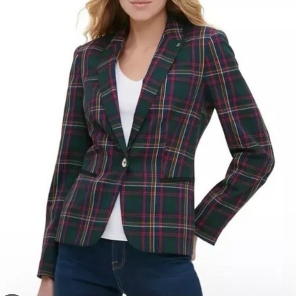 Tommy Hilfiger Women Green Plaid Single-Button Blazer - Picture 2 of 8